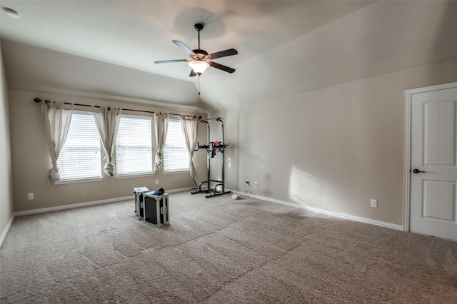9848 Robinwoods Dr, Frisco, TX 75035 - workout area featuring ceiling fan, carpet flooring, lofted ceiling, and baseboards
