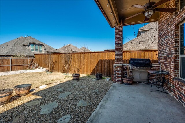 9848 Robinwoods Dr, Frisco, TX 75035 - fenced backyard featuring a ceiling fan and a patio area