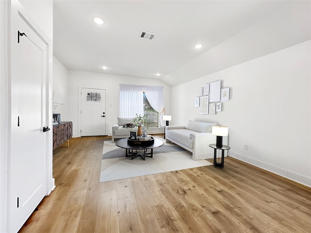 5401 Helmick Ave, Fort Worth, TX 76107 - living room with hardwood / wood-style floors, baseboards, vaulted ceiling, and recessed lighting