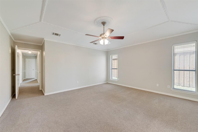 empty room featuring a ceiling fan, baseboards, visible vents, and light carpet
