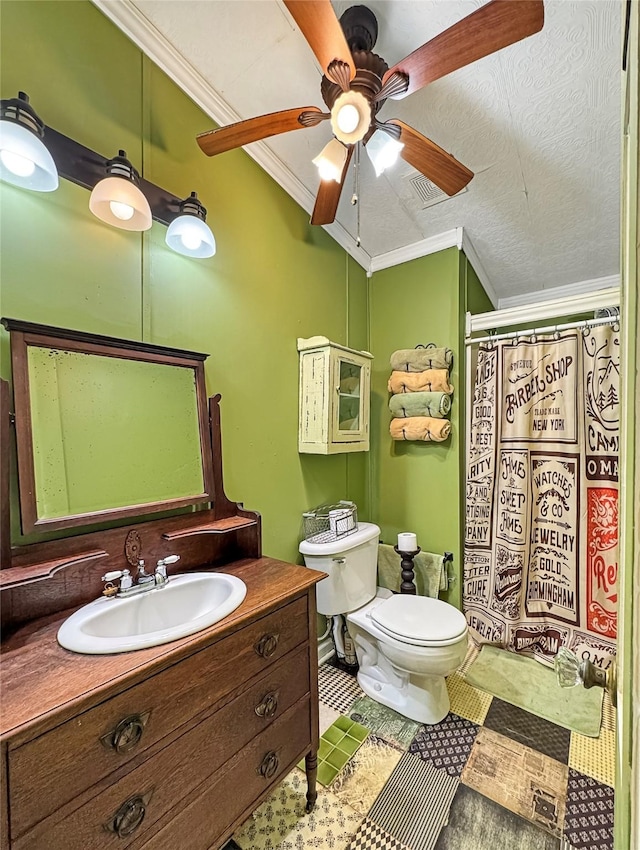 1791 County Road 3855, Poolville, TX 76487 - full bathroom with crown molding, toilet, ceiling fan, vanity, and a shower with shower curtain