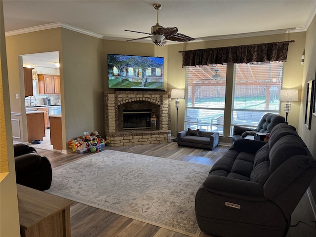 living room featuring crown molding, wood finished floors, and a ceiling fan