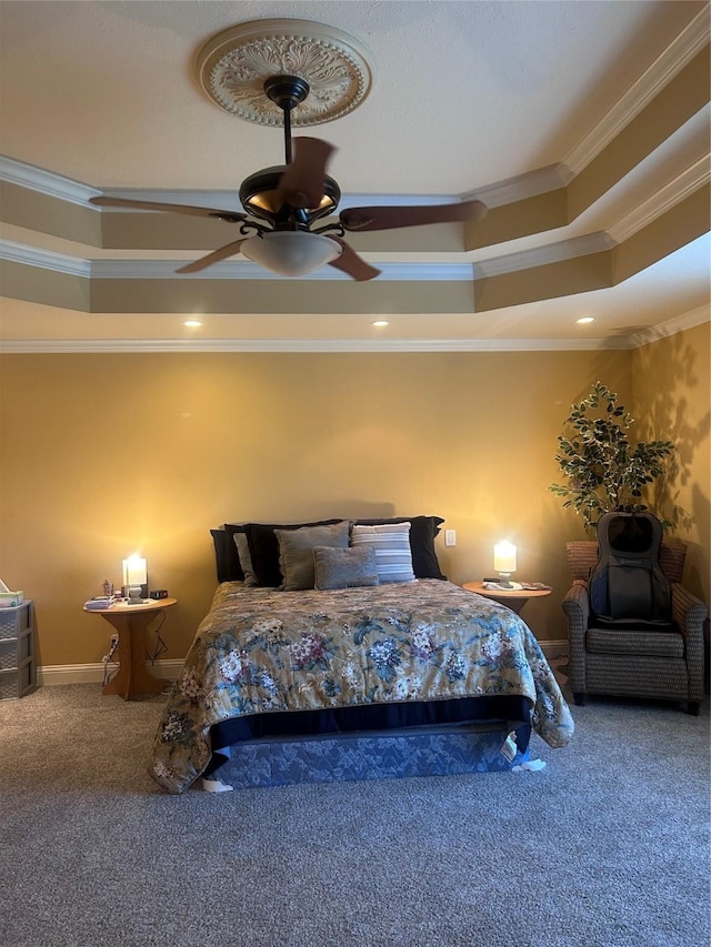 5620 S Lakeshore Dr, Shreveport, LA 71119 - bedroom featuring ornamental molding, carpet, ceiling fan, and a tray ceiling