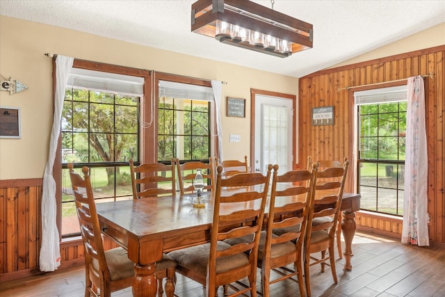 251 Dunn Dr, Palo Pinto, TX 76484 - dining area featuring wood walls, wood finished floors, lofted ceiling, and a textured ceiling