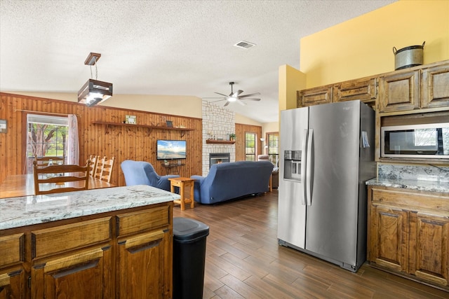 251 Dunn Dr, Palo Pinto, TX 76484 - kitchen featuring appliances with stainless steel finishes, lofted ceiling, ceiling fan, healthy amount of natural light, and dark wood finished floors