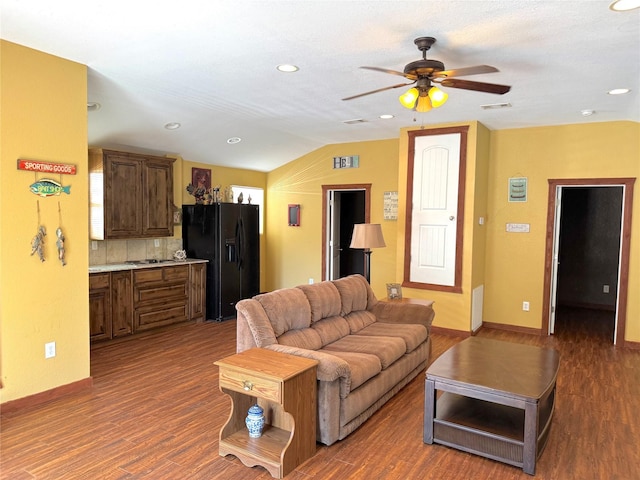 251 Dunn Dr, Palo Pinto, TX 76484 - living area featuring ceiling fan, lofted ceiling, wood finished floors, baseboards, and recessed lighting