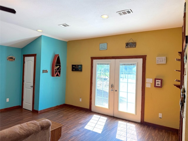 251 Dunn Dr, Palo Pinto, TX 76484 - doorway with french doors, wood finished floors, baseboards, and recessed lighting