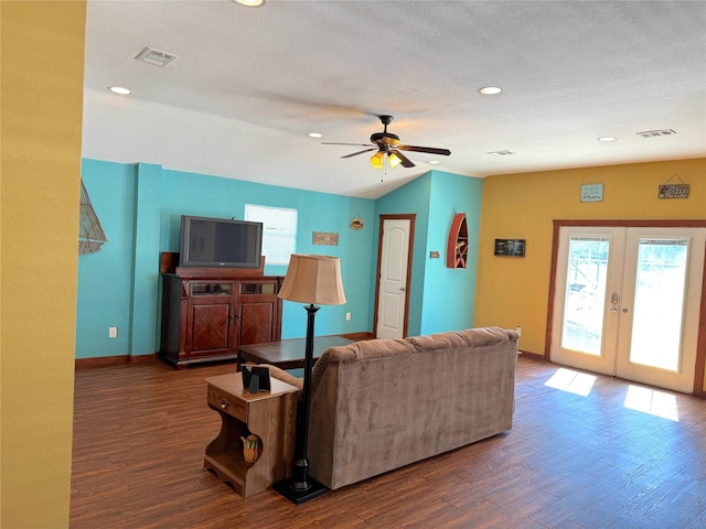 251 Dunn Dr, Palo Pinto, TX 76484 - living area featuring baseboards, dark wood-type flooring, a ceiling fan, french doors, and recessed lighting