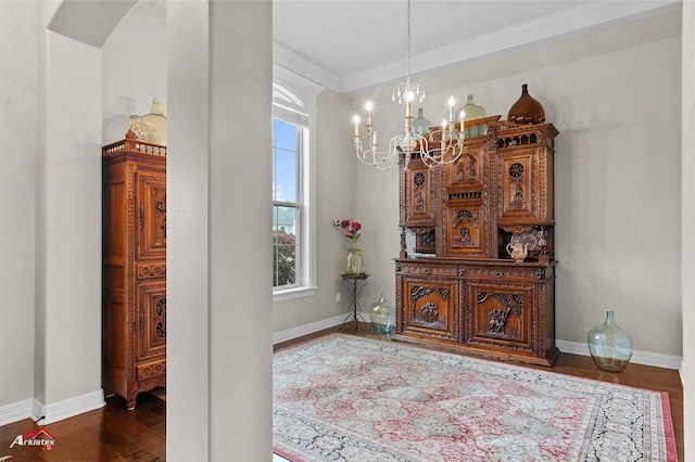 3032 Sagefield Ln, Haughton, LA 71037 - dining space with a chandelier, dark wood-type flooring, healthy amount of natural light, baseboards, and crown molding