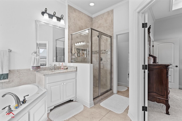3032 Sagefield Ln, Haughton, LA 71037 - bathroom featuring crown molding, a stall shower, a bath, vanity, and tile patterned flooring