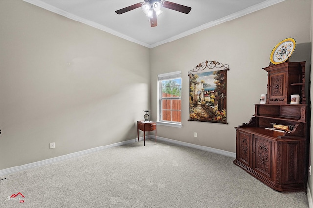 3032 Sagefield Ln, Haughton, LA 71037 - sitting room featuring carpet, baseboards, a ceiling fan, and ornamental molding