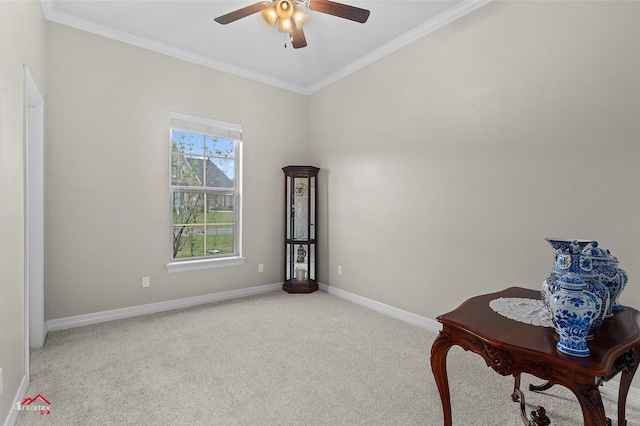 3032 Sagefield Ln, Haughton, LA 71037 - living area with light carpet, a ceiling fan, crown molding, and baseboards