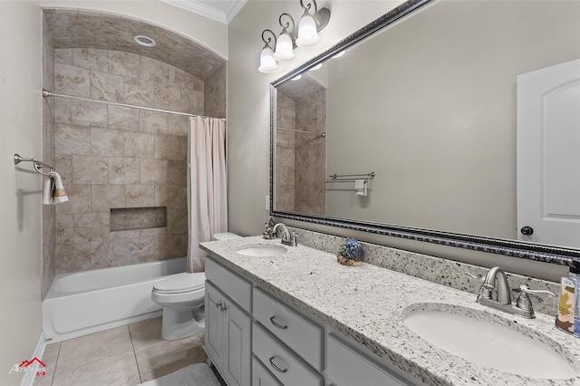 3032 Sagefield Ln, Haughton, LA 71037 - bathroom featuring crown molding, double vanity, shower / tub combo, toilet, and tile patterned floors