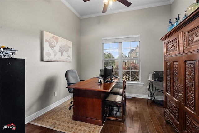 3032 Sagefield Ln, Haughton, LA 71037 - office space with a ceiling fan, dark wood-style flooring, baseboards, and ornamental molding