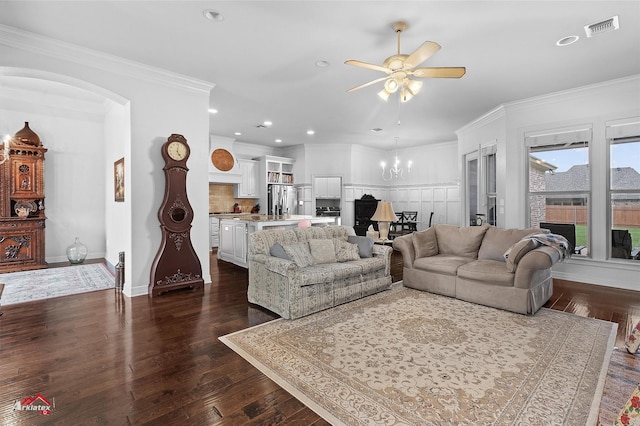 3032 Sagefield Ln, Haughton, LA 71037 - living area with a ceiling fan, dark wood-style floors, arched walkways, recessed lighting, and baseboards