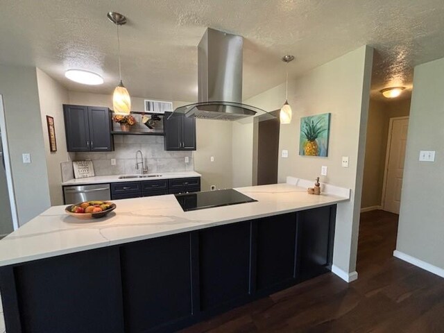 128 W Way Dr, Allen, TX 75002 - kitchen featuring a peninsula, a sink, dishwasher, black electric cooktop, and island range hood