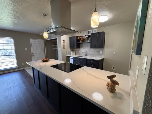 128 W Way Dr, Allen, TX 75002 - kitchen with visible vents, a sink, a textured ceiling, ventilation hood, and black electric stovetop