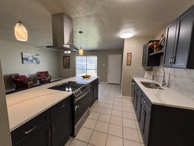 128 W Way Dr, Allen, TX 75002 - kitchen featuring light tile patterned flooring, a sink, stainless steel range with electric cooktop, wall chimney exhaust hood, and open floor plan
