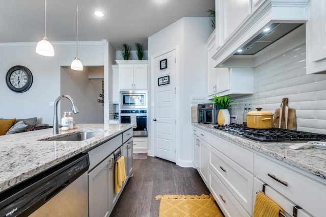 kitchen featuring a sink, premium range hood, stainless steel appliances, white cabinetry, and tasteful backsplash