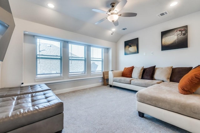 carpeted living area with ceiling fan, recessed lighting, and visible vents