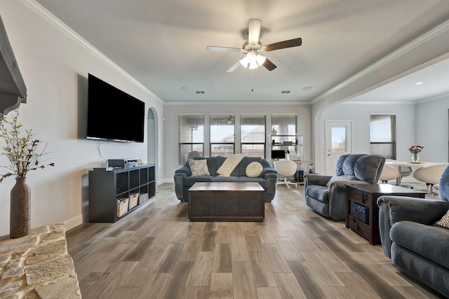 304 Welch Folly Ln, Aledo, TX 76008 - living room with ceiling fan, healthy amount of natural light, wood finished floors, and crown molding