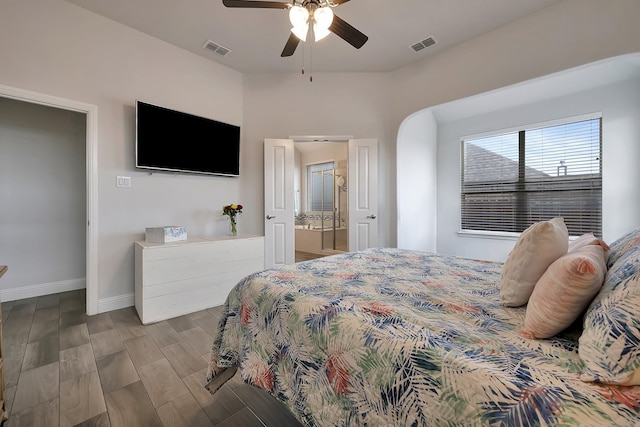 304 Welch Folly Ln, Aledo, TX 76008 - bedroom with baseboards, wood finish floors, a ceiling fan, and ensuite bathroom
