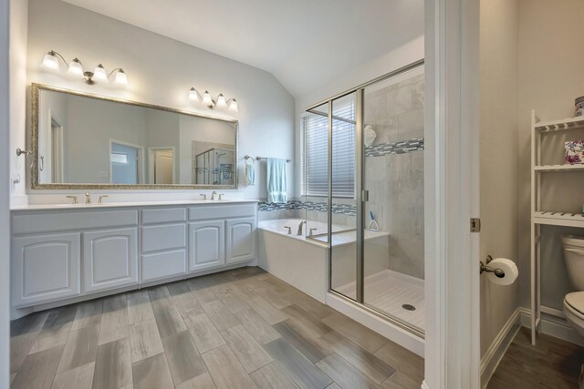 304 Welch Folly Ln, Aledo, TX 76008 - full bath with a stall shower, lofted ceiling, a bath, toilet, and double vanity