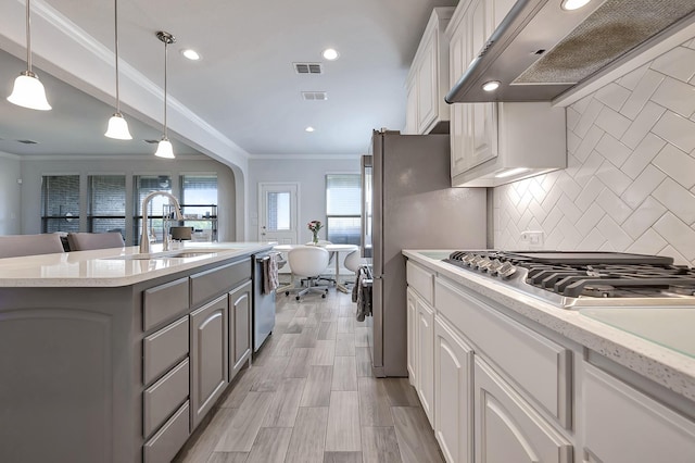 304 Welch Folly Ln, Aledo, TX 76008 - kitchen with exhaust hood, a sink, stainless steel appliances, gray cabinets, and backsplash