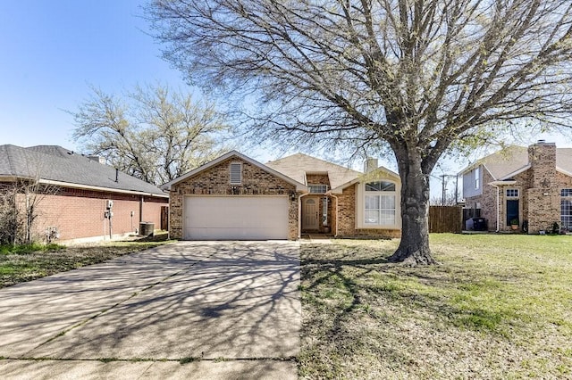 8505 Willow Creek Ct, Fort Worth, TX 76134 - view of front of property featuring an attached garage, concrete driveway, brick siding, central air condition unit, and a chimney