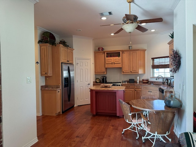 507 W 2nd St, Maypearl, TX 76064 - kitchen with stainless steel appliances, ceiling fan, a center island, a sink, and dark wood-type flooring