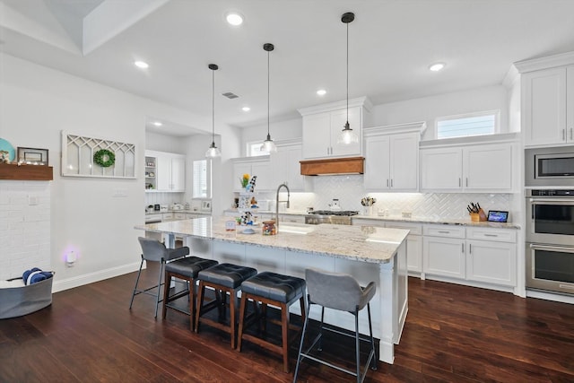 1208 S Pecan Pkwy, Northlake, TX 76247 - kitchen with a sink, open shelves, stainless steel appliances, dark wood finished floors, and tasteful backsplash