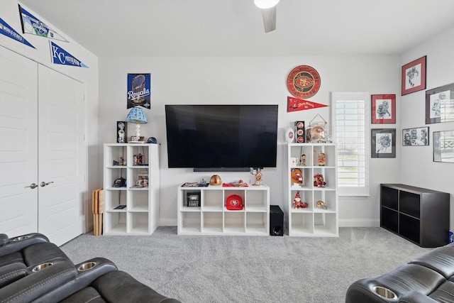 1208 S Pecan Pkwy, Northlake, TX 76247 - carpeted living room with baseboards and a ceiling fan