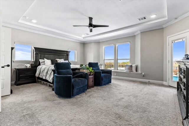1261 Duke Dr, Prosper, TX 75078 - carpeted bedroom featuring visible vents, a raised ceiling, and multiple windows