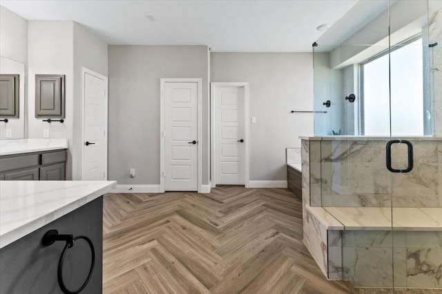 1261 Duke Dr, Prosper, TX 75078 - full bathroom featuring baseboards, a stall shower, and vanity