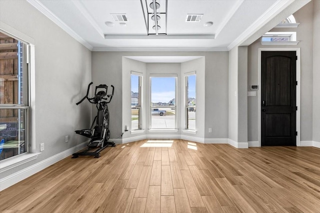 1261 Duke Dr, Prosper, TX 75078 - workout room featuring a tray ceiling, wood finished floors, baseboards, and visible vents