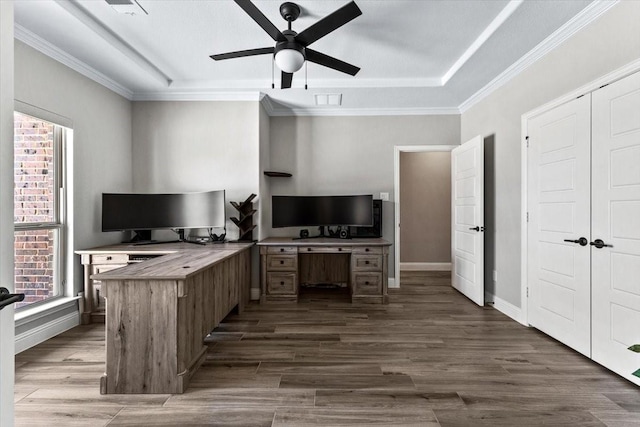 1261 Duke Dr, Prosper, TX 75078 - office area featuring ceiling fan, a raised ceiling, a wealth of natural light, and dark wood finished floors