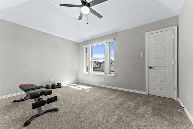 1261 Duke Dr, Prosper, TX 75078 - exercise room with carpet flooring, baseboards, a ceiling fan, and lofted ceiling