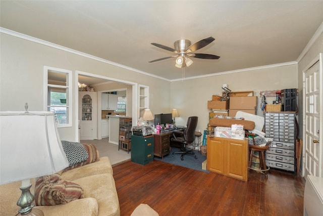 office space with hardwood / wood-style flooring, ornamental molding, and ceiling fan