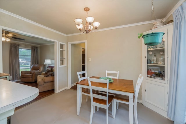 dining space featuring crown molding and ceiling fan with notable chandelier