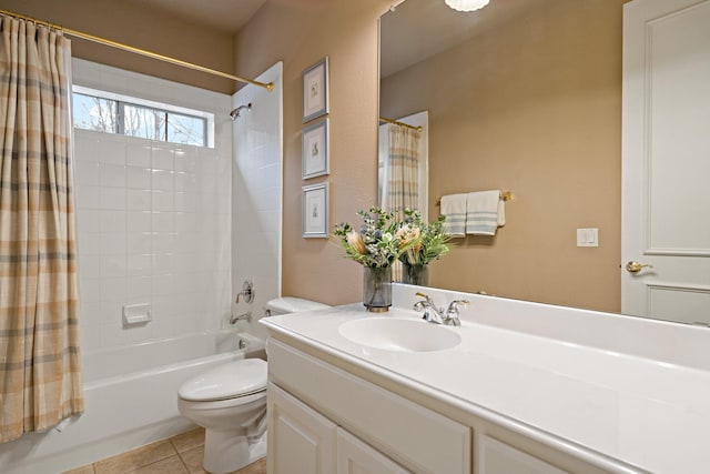 6004 Blossom Ct, Mckinney, TX 75072 - bathroom featuring shower / bath combination with curtain, toilet, vanity, and tile patterned flooring