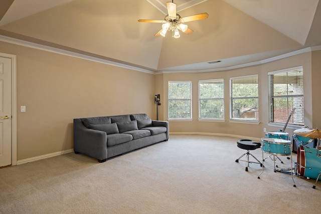 6004 Blossom Ct, Mckinney, TX 75072 - carpeted living area featuring a ceiling fan, vaulted ceiling, baseboards, and crown molding
