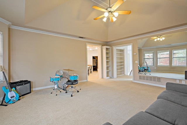6004 Blossom Ct, Mckinney, TX 75072 - unfurnished living room featuring a ceiling fan, carpet, built in features, baseboards, and high vaulted ceiling