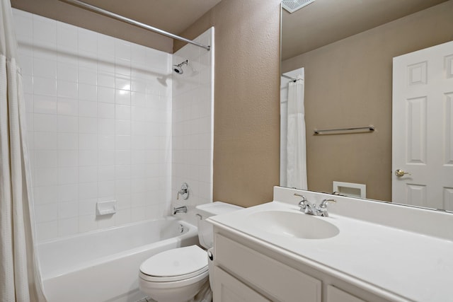 6004 Blossom Ct, Mckinney, TX 75072 - bathroom with shower / bathtub combination with curtain, vanity, toilet, and a textured wall