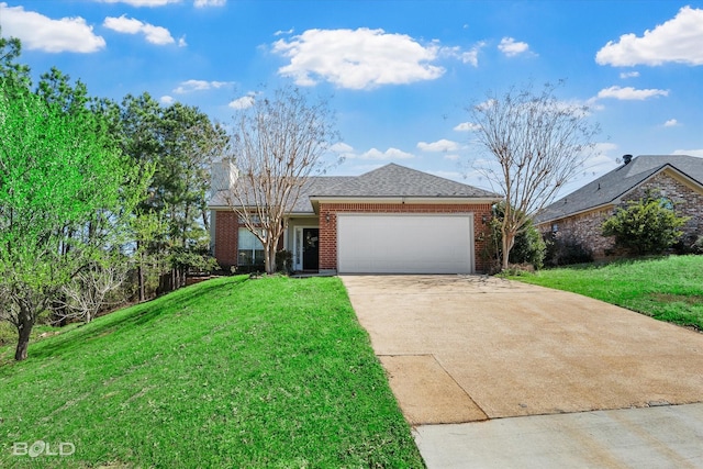 single story home with brick siding, a garage, concrete driveway, and a front yard