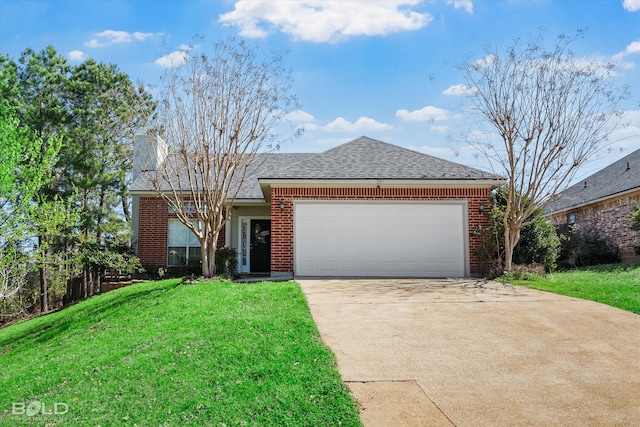 ranch-style house with an attached garage, brick siding, a front lawn, driveway, and a shingled roof