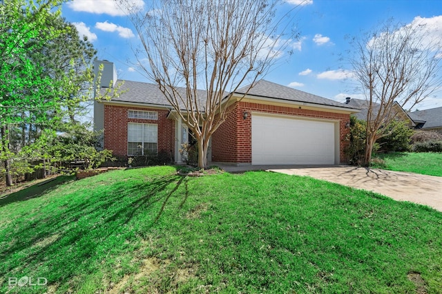 ranch-style home with brick siding, a front yard, driveway, and a garage