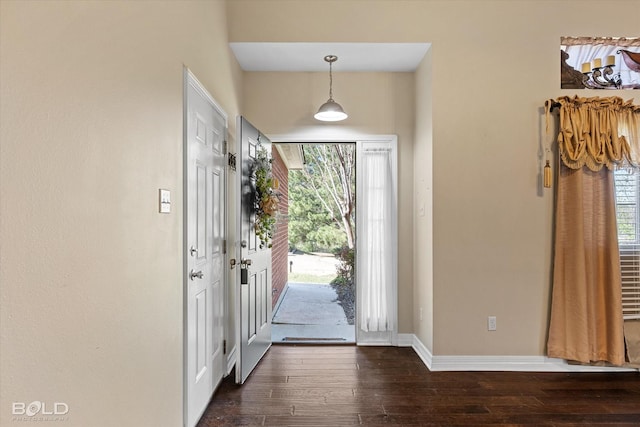 entrance foyer with dark wood-style flooring, baseboards, and a healthy amount of sunlight