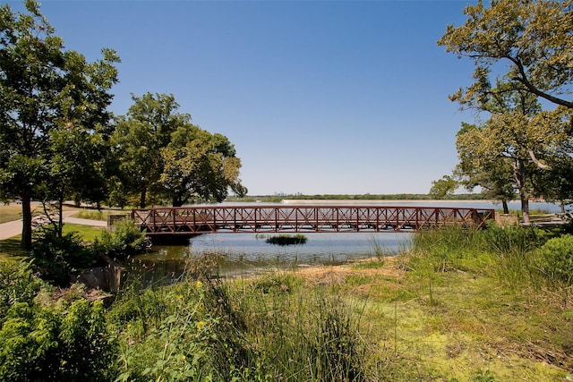 exterior space with a water view