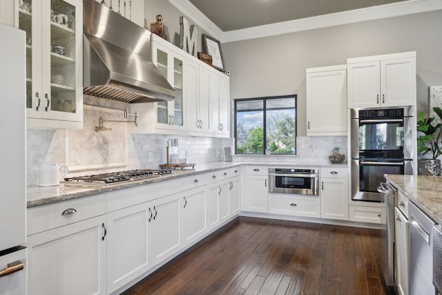 15961 Custer Trl, Frisco, TX 75035 - kitchen featuring exhaust hood, appliances with stainless steel finishes, ornamental molding, white cabinetry, and light stone countertops