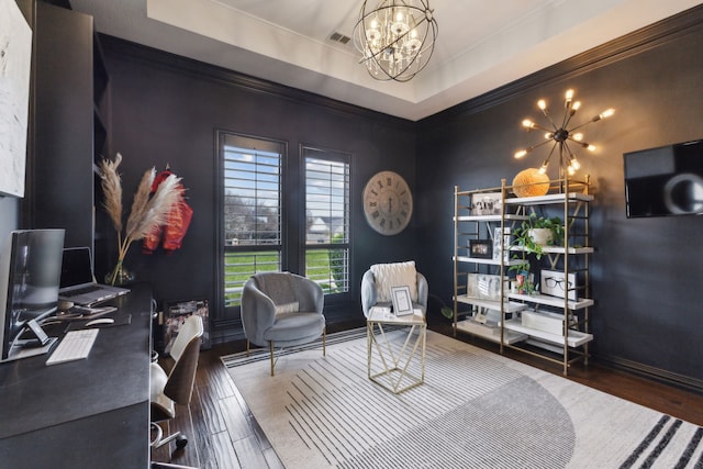15961 Custer Trl, Frisco, TX 75035 - office space with a chandelier, wood finished floors, ornamental molding, and a raised ceiling